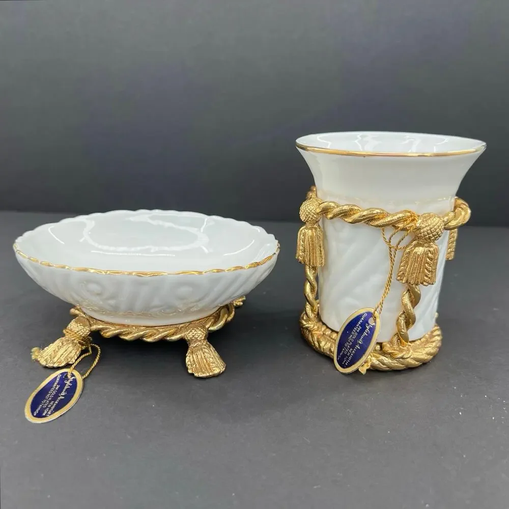 Stylebuilt Gold Plated Ormolu Porcelain Tassel Soap Dish and Toothbrush Holder